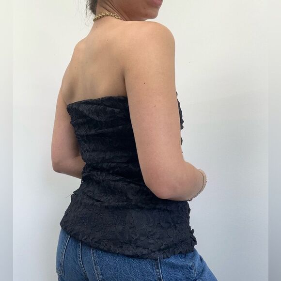 Vintage 80’s Black Lace Strapless Ruched Gathered Corset Top Size S - Picture 2 of 7